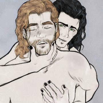 Loki grips a sweating Thor's jaw from behind in a suggestive pose.