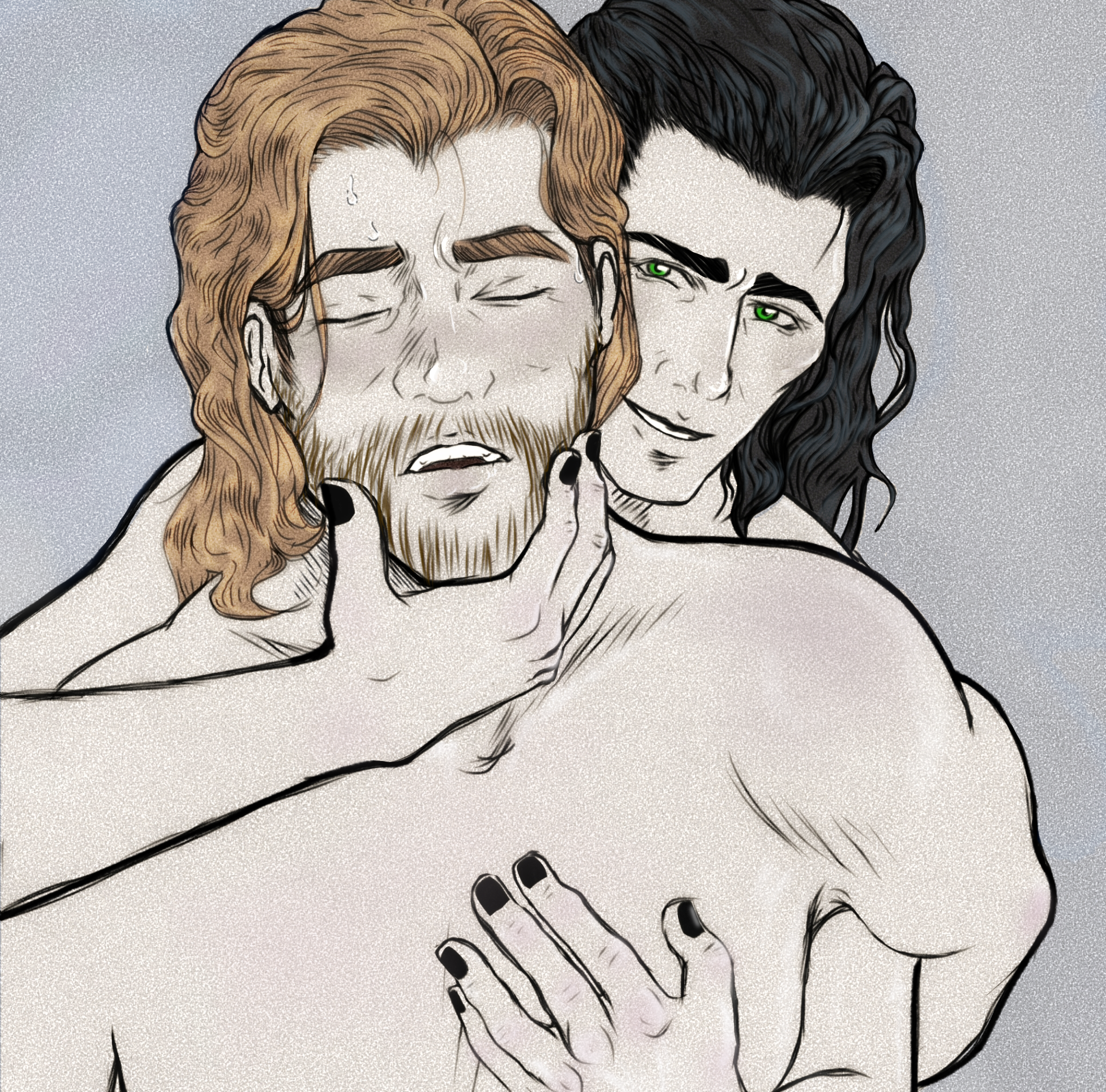Loki grips a sweating Thor's jaw from behind in a suggestive pose.
